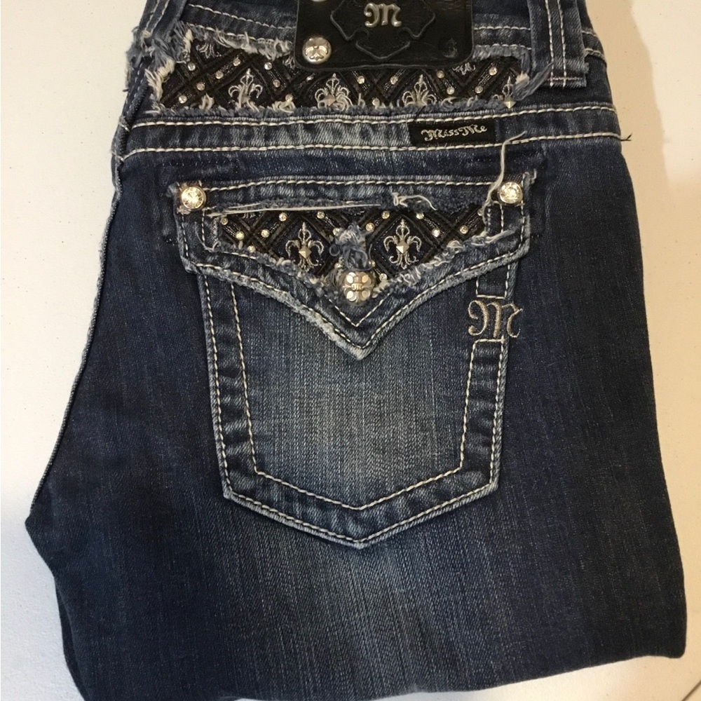 Miss Me Dark Blue Boot Cut Jeans with Embellished Pockets